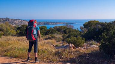 Traveler with a backpack stands on a country road by the sea, among green hills, admiring a beautiful view. Back view. Cyprus, Akamas peninsula.