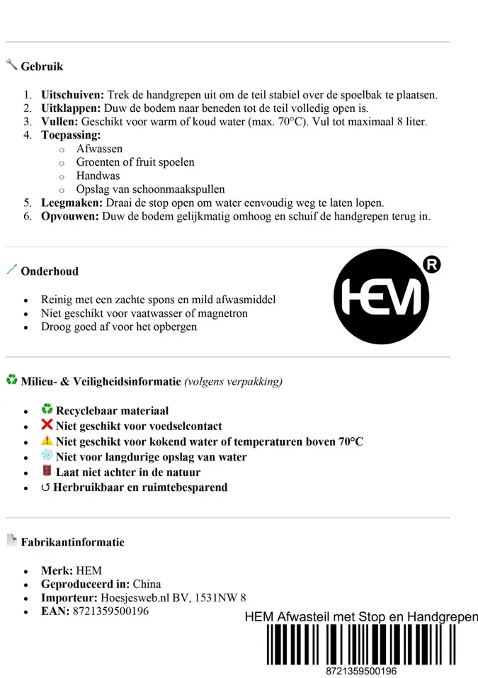 Opvouwbare Afwasteil 8L Met Stop - Hem