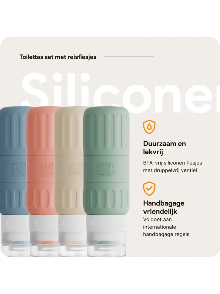 Reisflesjes en Toilettassen –14 delig- Pastel