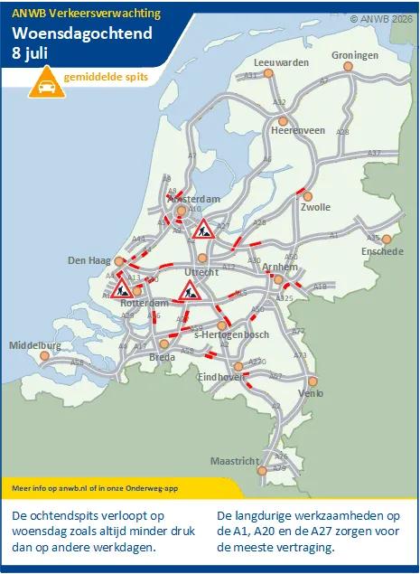 Woensdagochtend een gemiddelde spits. De spits verloopt minder druk dan op andere werkdagen.