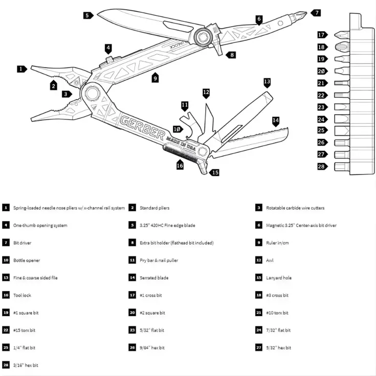 Multitool met 15 functies en draagclip