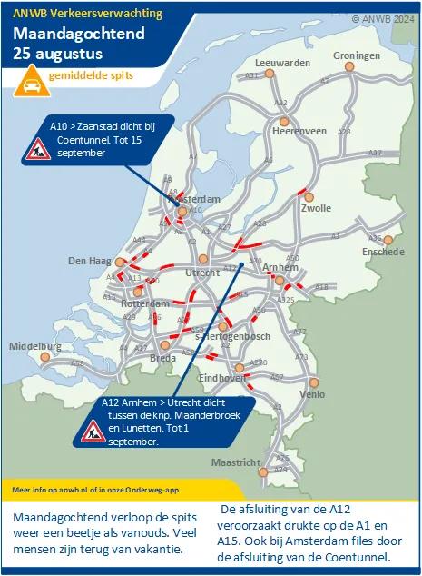 Verkeersverwachting maandagochtend 25 augustus: de spits verloopt weer een beetje als vanouds. De afsluiting van de A12 veroorzaakt drukte op de A1 en A15. Ook bij Amsterdam files door de afsluiting van de Coentunnel.