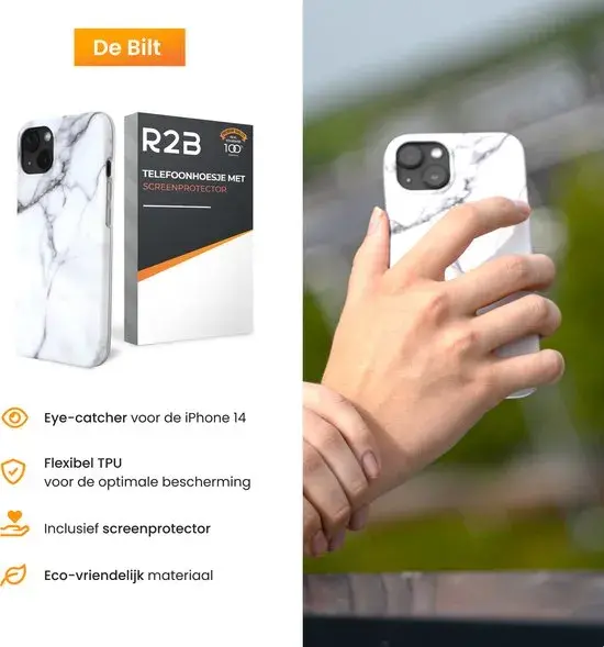 R2B iPhone 14 Hoesje Marmer + Screenprotector