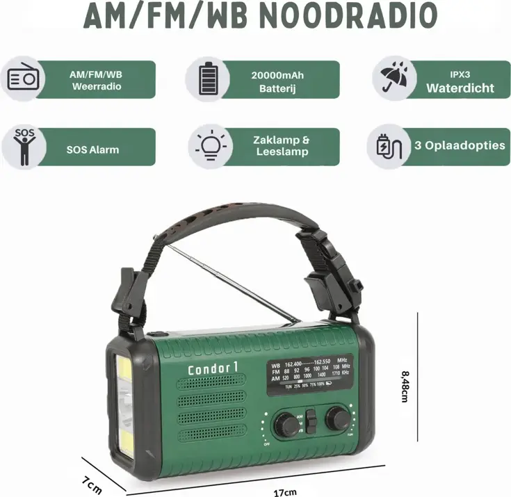 NoodRadio Solar Opwindbaar - FM/AM - 20.000mAh