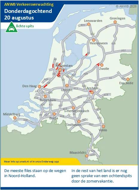 Donderdagochtend een lichte spits. Meeste drukte in Noord-Holland. De regio's Midden en Zuid hebben nog zomervakantie.