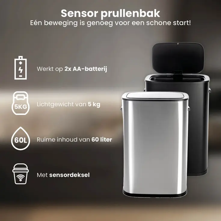 Prullenbak met Deksel en Sensor - 55 Liter