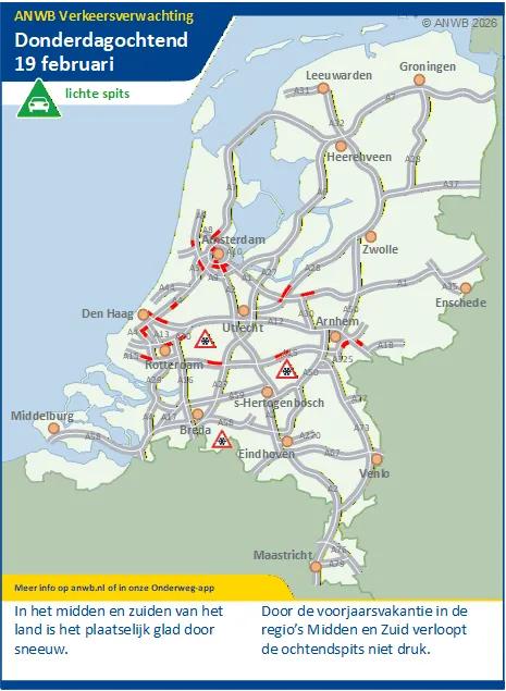 Donderdagochtend in het midden en zuiden plaatselijk glad door sneeuw. Verder een lichte spits, door de voorjaarsvakantie is er minder woon-werkverkeer.