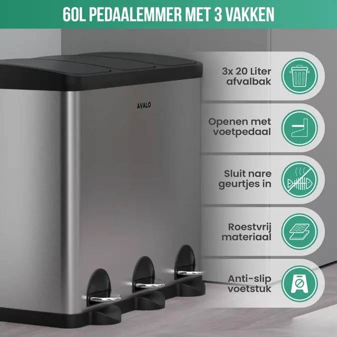 Avalo Prullenbak 3x20L - RVS