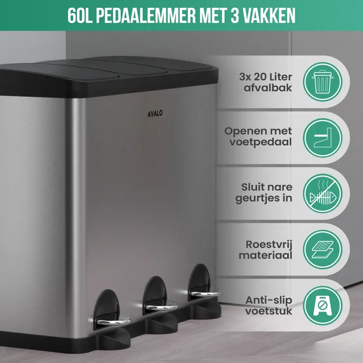 Avalo Prullenbak 3x20L - RVS
