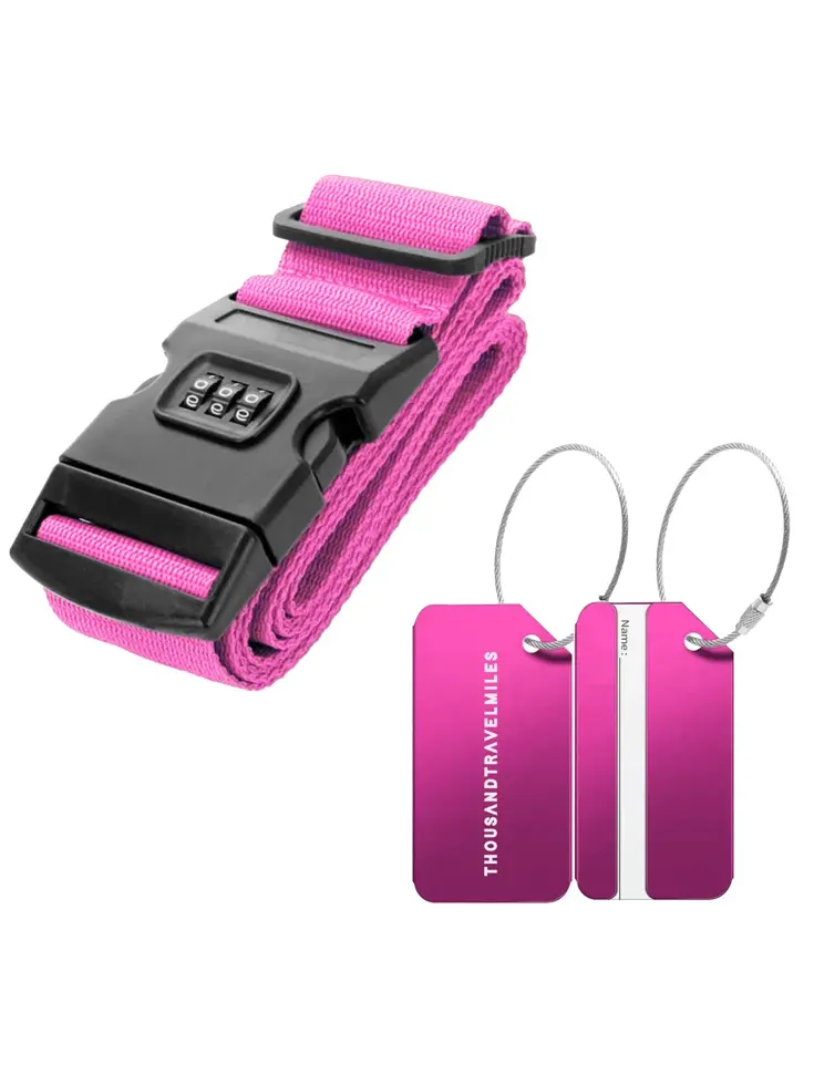 Kofferriem + 2 Bagagelabel – 3-delig – Roze