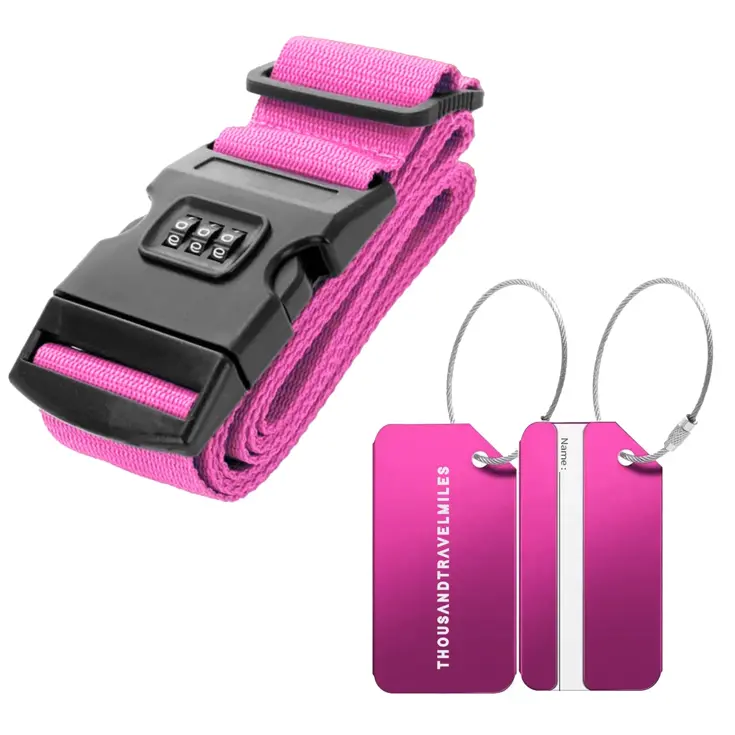 Kofferriem + 2 Bagagelabel – 3-delig – Roze