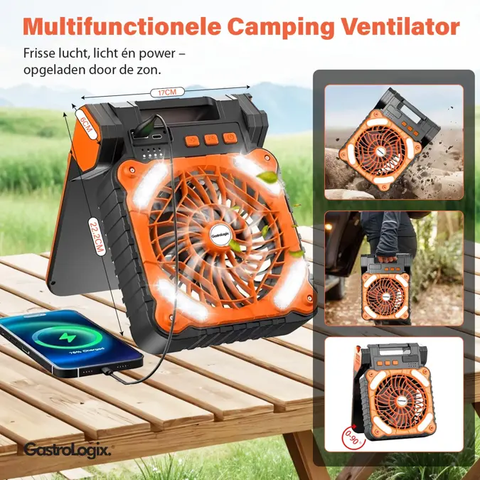 Campingventilator met Powerbank & Zonnepaneel