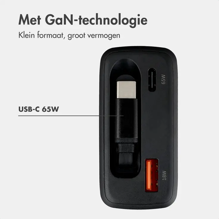 65W Oplader uittrekbare USB-C kabel USB-A + USB-C