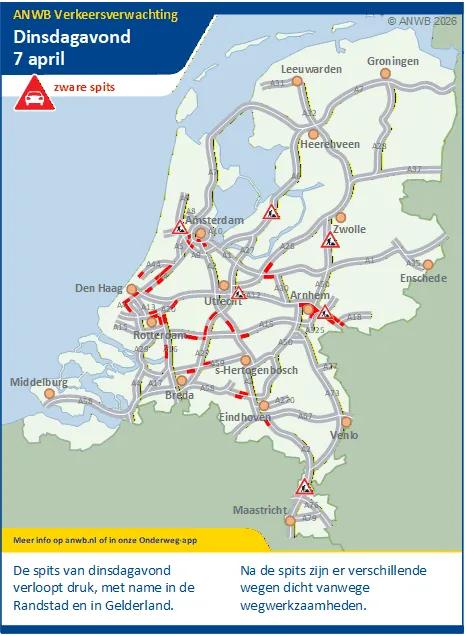 De spits van dinsdagavond verloopt druk, met name in de Randstad en in Gelderland. Na de spits zijn er verschillende wegen dicht vanwege werkzaamheden.