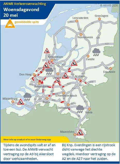 Woensdagmiddag/-avond een gemiddelde spits met af en toe een bui. Verder zijn er verschillende werkzaamheden die vertraging kunnen geven.
