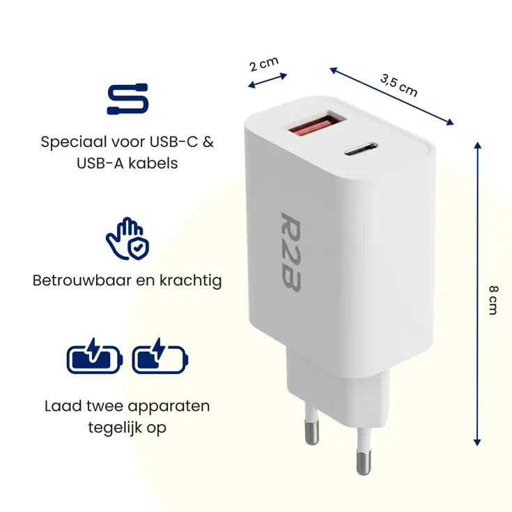 Krachtige 20W USB A & USB C Adapter Wit