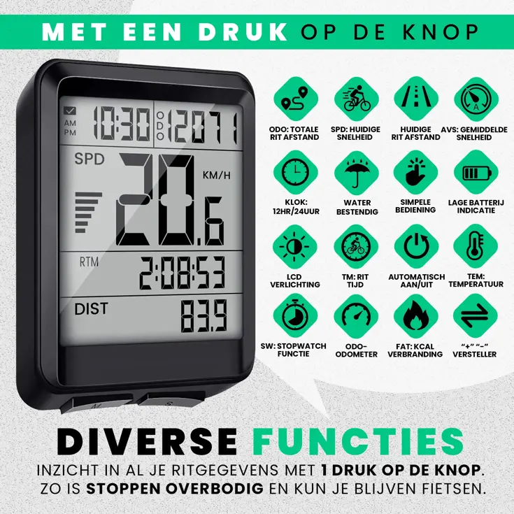 Draadloze Fietscomputer - 17 Functies