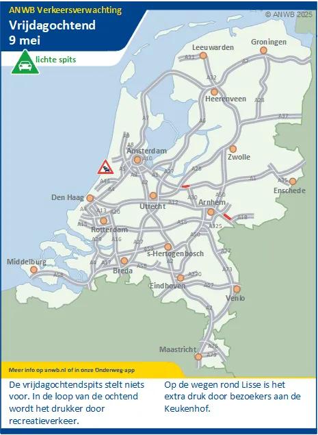 Verkeersverwachting vrijdagochtend 9 mei: Een lichte spits. Er wordt weinig drukte verwacht. In de loop van de ochtend drukker door recreatieverkeer.