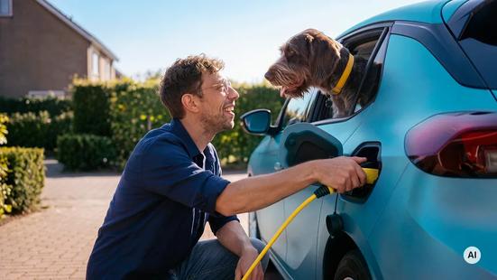 ANWB hond Buddy stopt een oplaadkabel in een elektrische auto