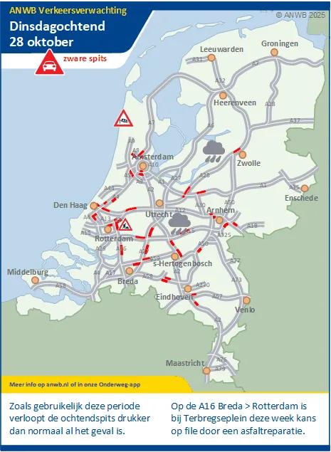 Een zware spits. Op de A16 bij Terbregseplein (richting Rotterdam) kans op vertraging door asfaltreparatie.