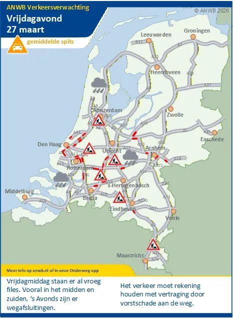 Vrijdagmiddag/-avond een gemiddelde spits die vroeg begint. Daarbij vertraging mogelijk door vorstschade.