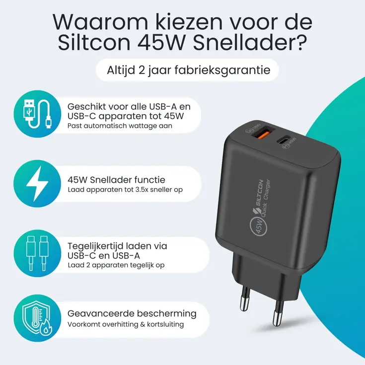 USB-C Snellader - 45W + USB-A 18W - 2m