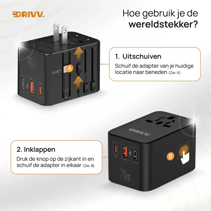 Universele Wereldstekker met kabel - 70W