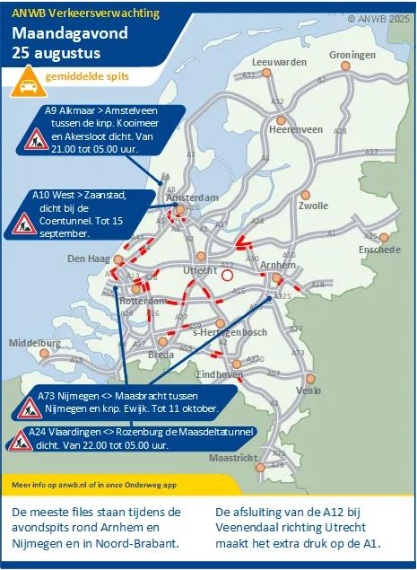 Verkeersverwachting maandagavond 25 augustus: de meeste files staan rond Arnhem en Nijmegen en in Noord-Brabant. De afsluiting van de A12 bij Veenendaal richting Utrecht maakt het extra druk op de A1.