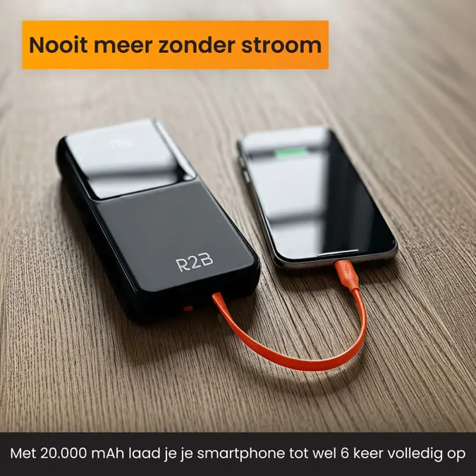 R2B Powerbank 20000 mAh met Ingebouwde Kabels