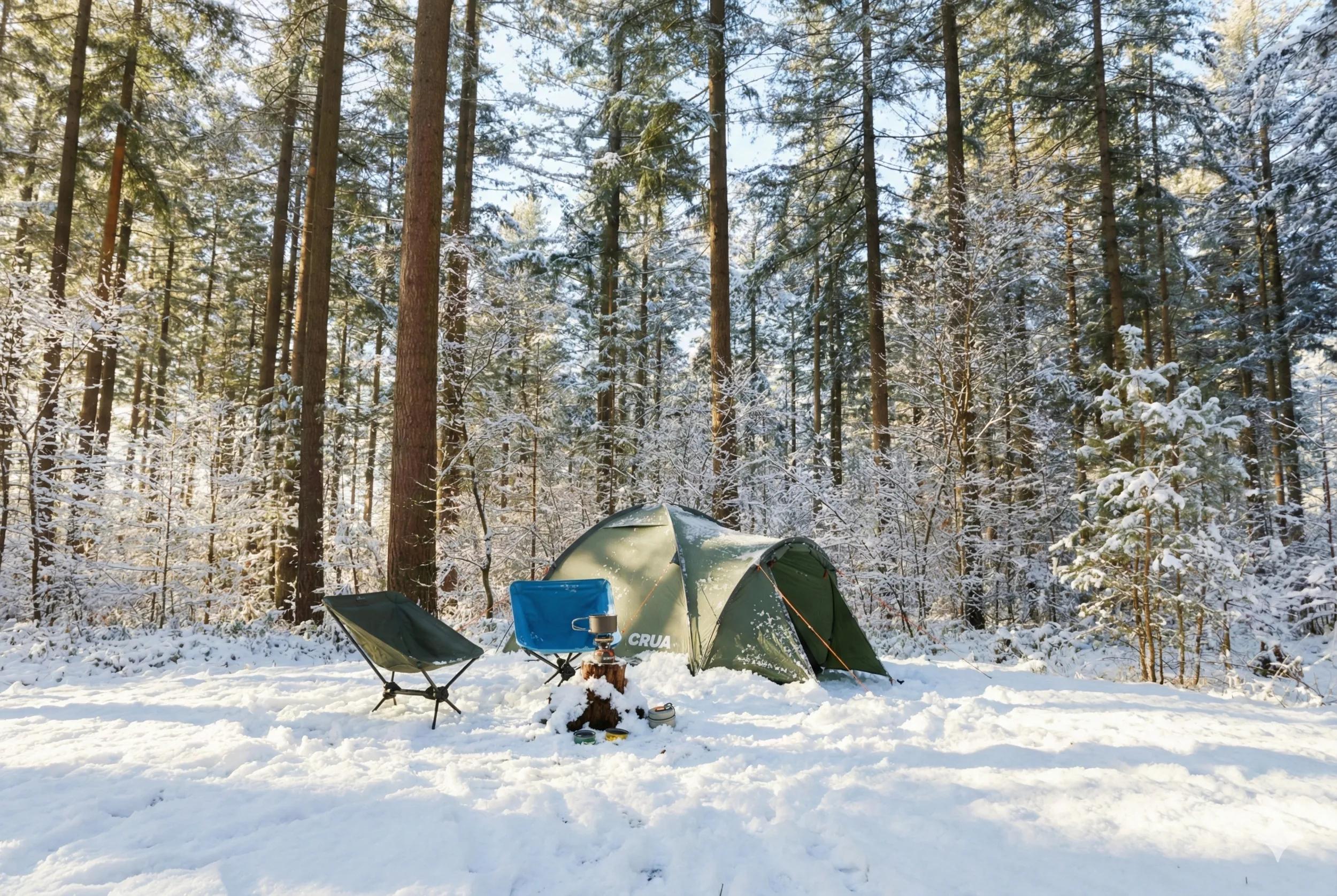 Campingstoelen bij een tent op een kampeerplek in de sneeuw