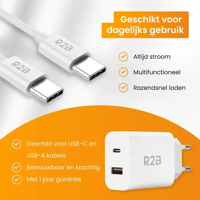 R2B USB-C Kabel 2m met USB-A & USB-C Adapter