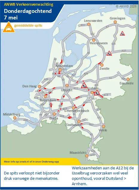 Donderdagochtend een gemiddelde spits. Minder druk door de meivakantie. Werkzaamheden aan de A12 (bij de IJsselbrug) geven wel extra vertraging.