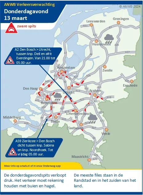 Verkeersverwachting: Donderdagmiddag /-avond een drukke (zware) spits met kans op (hagel)buien.