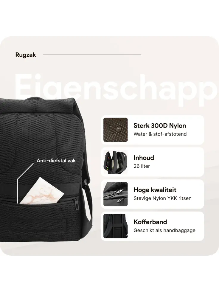 Rugzak met 17" laptopvak en antidiefstal vak