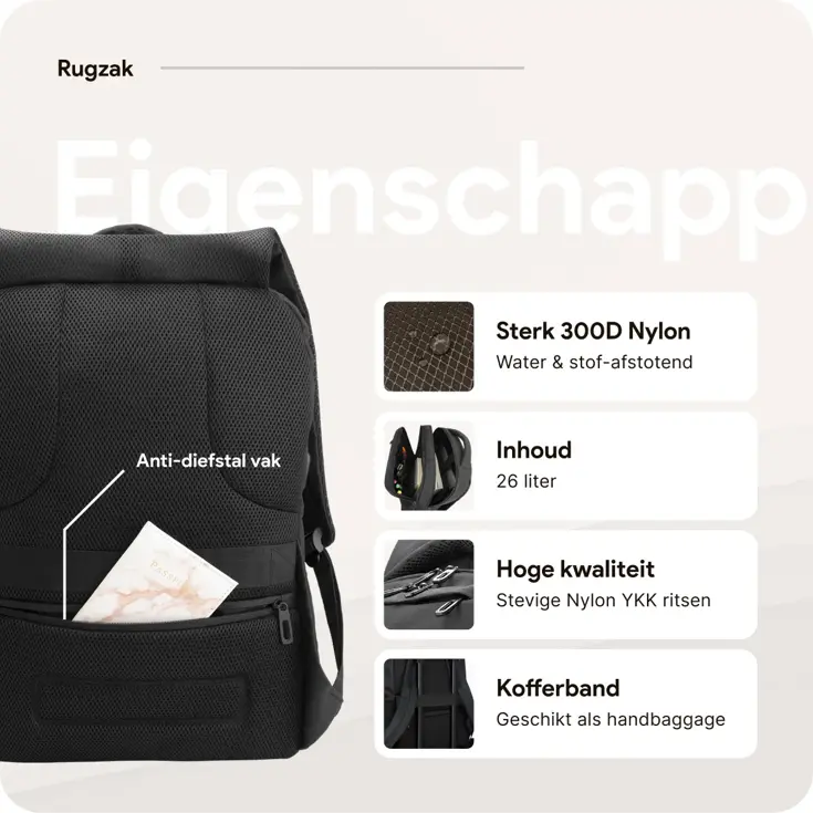 Rugzak met 17" laptopvak en antidiefstal vak