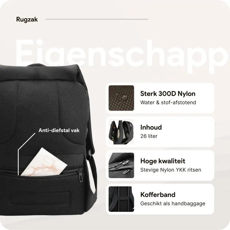 Rugzak met 17" laptopvak en antidiefstal vak