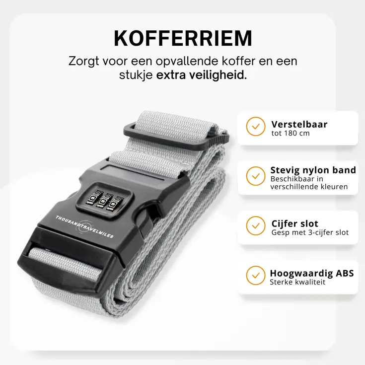 Kofferriem met cijferslot 180 cm – Zilver