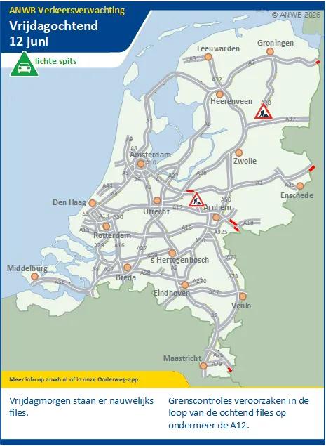 Vrijdagochtend een lichte spits. Nauwelijks files. Grenscontroles A12.