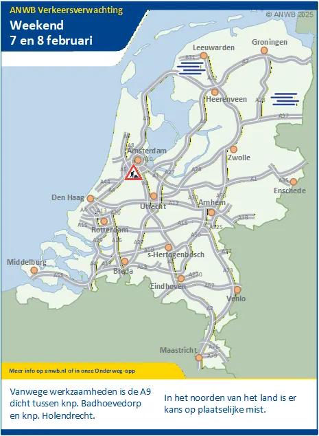 Tijdens het weekend vertraging mogelijk door wegwerkzaamheden/wegafsluitingen. In het noorden plaatselijk kans op mist.