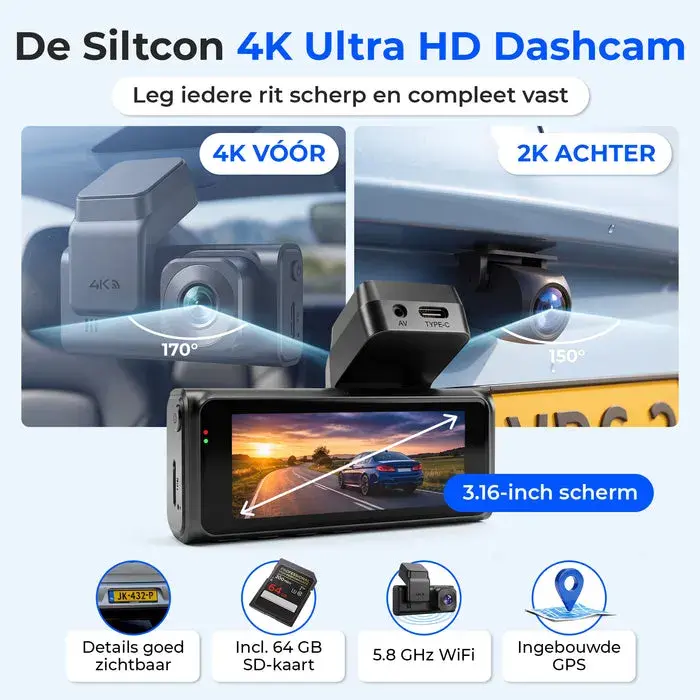 Dashcam 4K + 2K Voor & Achter - WiFi GPS - 64GB