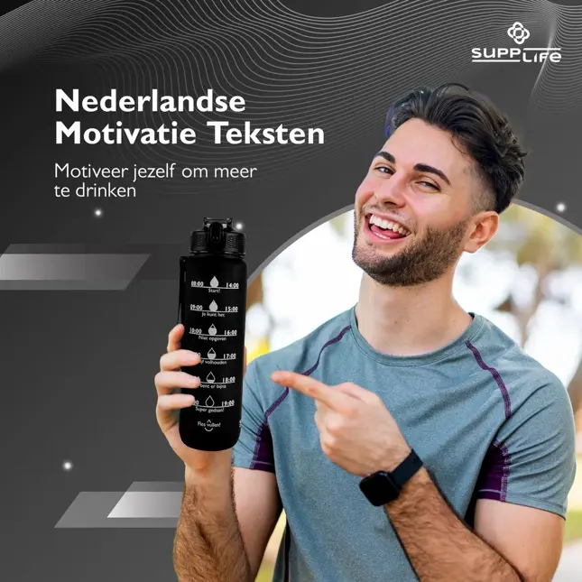 Nederlandse Motivatie Waterfles - Zwart - 1L