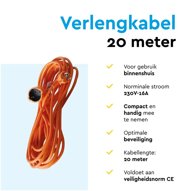 Verlengsnoer 20 m met randaarde voor binnen