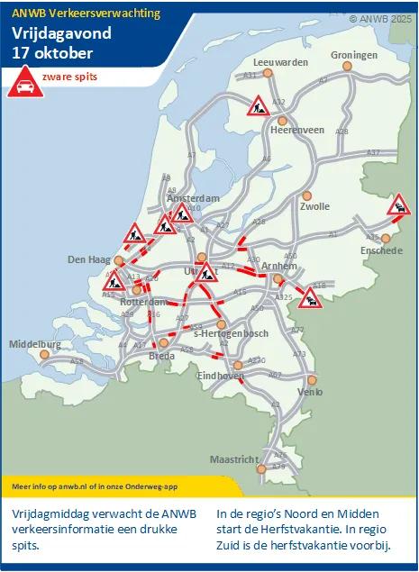 Verkeersverwachting vrijdagmiddag/-avond 17 oktober: Een drukke / zware spits. In de regio's Noord en Midden start de herfstvakantie. In de Regio Zuid eindigt de vakantie.