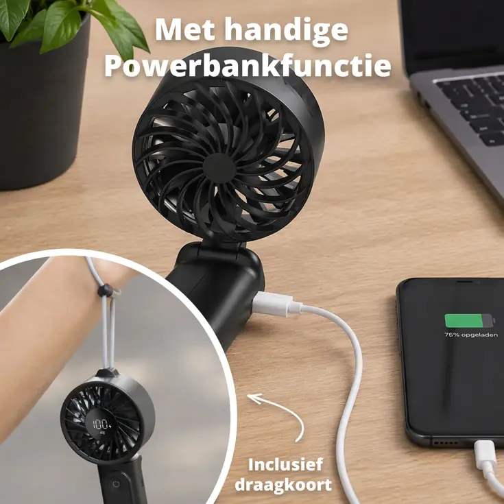Oplaadbare Handventilator met Powerbank - Zwart