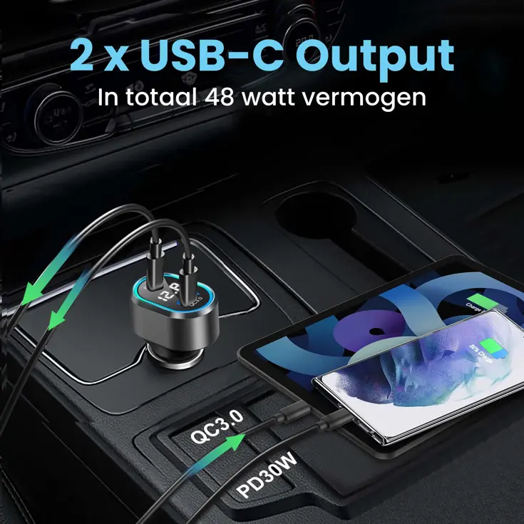 48W Autolader USB-C LED Spanningsmeter 12V