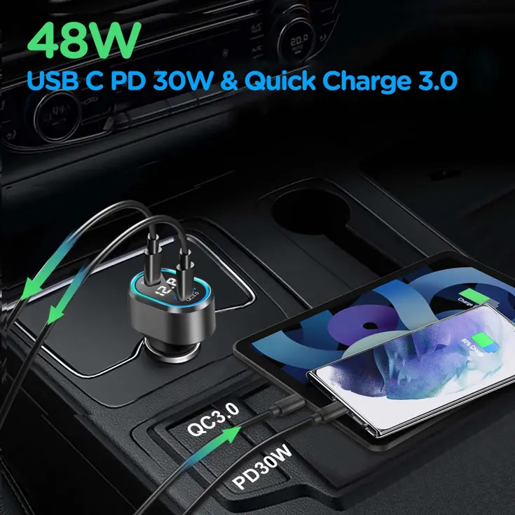 48W Autolader USB-C LED Spanningsmeter 12V