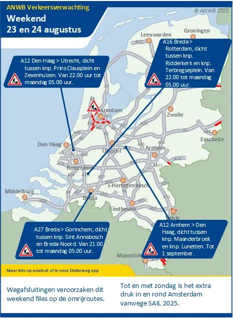 Verkeersverwachting weekend 23 en 24 augustus: wegafsluitingen veroorzaken dit weekend files op de omrijroutes. Tot en met zondag is het extra druk in en rond Amsterdam vanwege SAIL 2025.