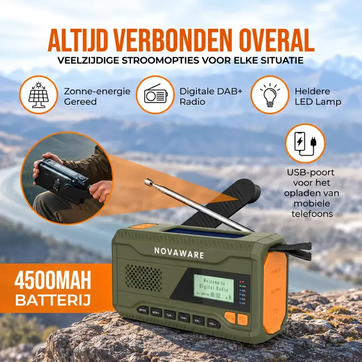 Noodradio Solar Opwindbaar - DAB+/FM - 4500mAh
