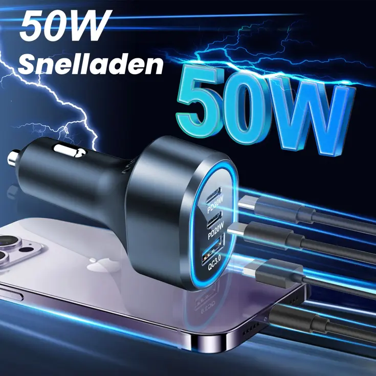68W Autolader 2x USB-C 1x USB-A Snellader