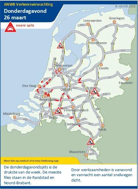 Donderdagmiddag/-avond een drukke (zware) spits. Meeste files in de Randstad en Noord-Brabant.